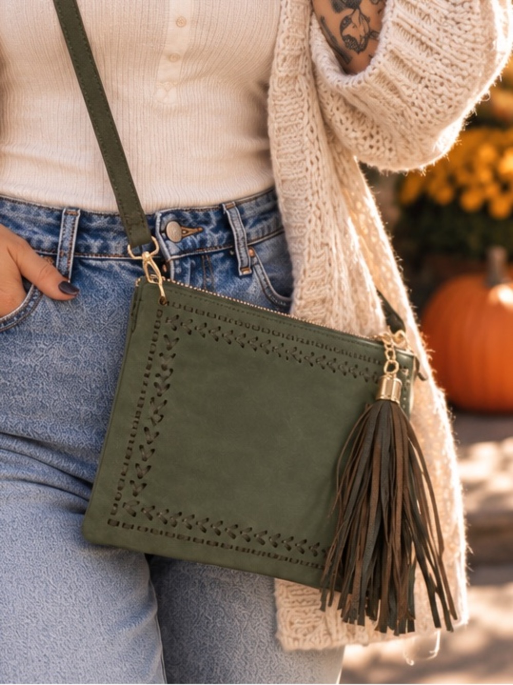 Olive Green Whipstitch Tassel Crossbody Bag NWT Boho